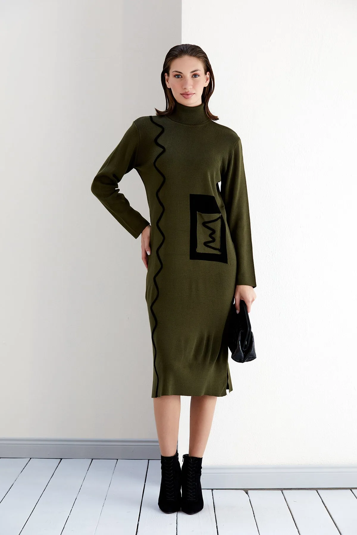 Khaki Knit Midi Dress Featuring Zigzag Accents