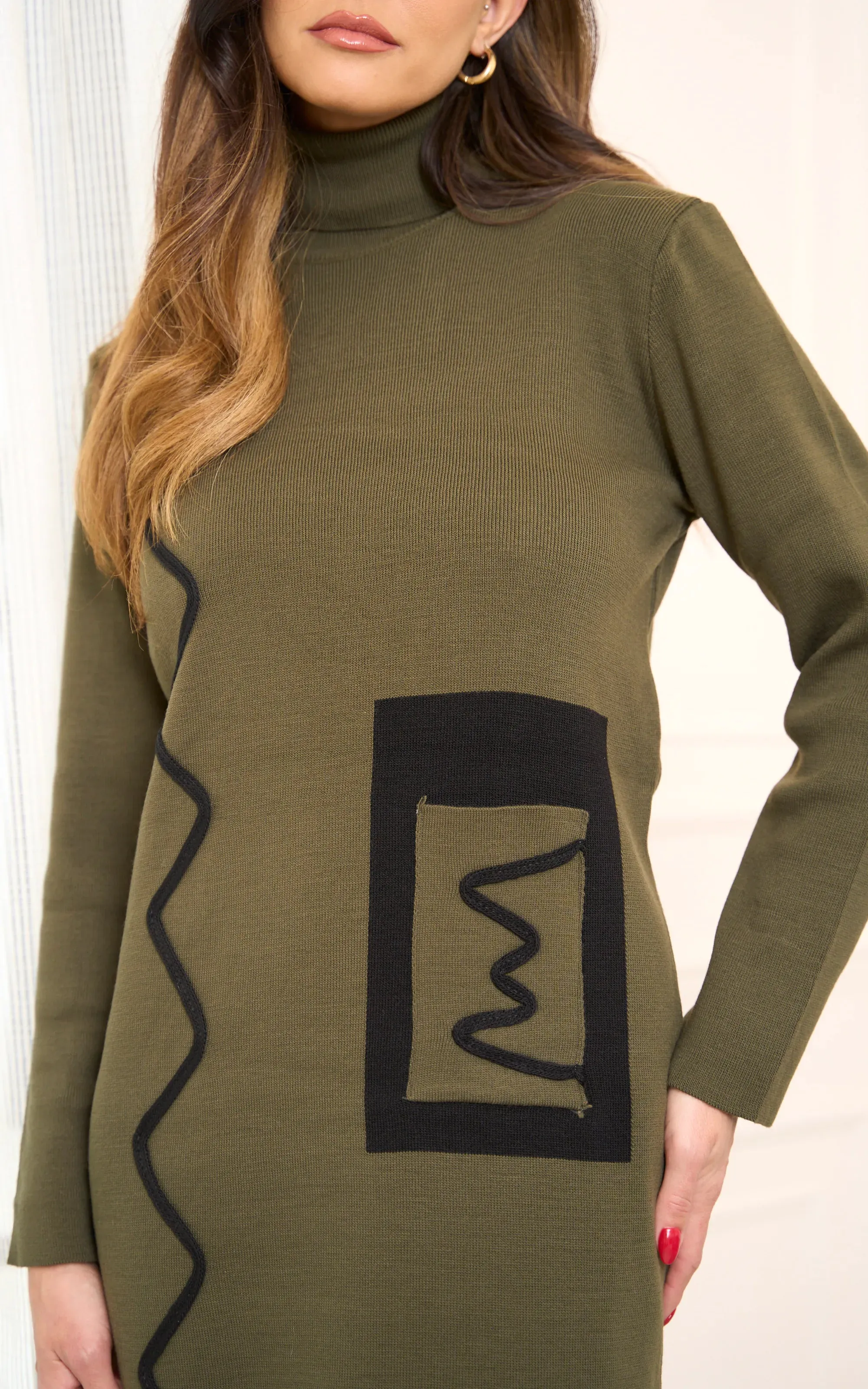 Khaki Knit Midi Dress Featuring Zigzag Accents