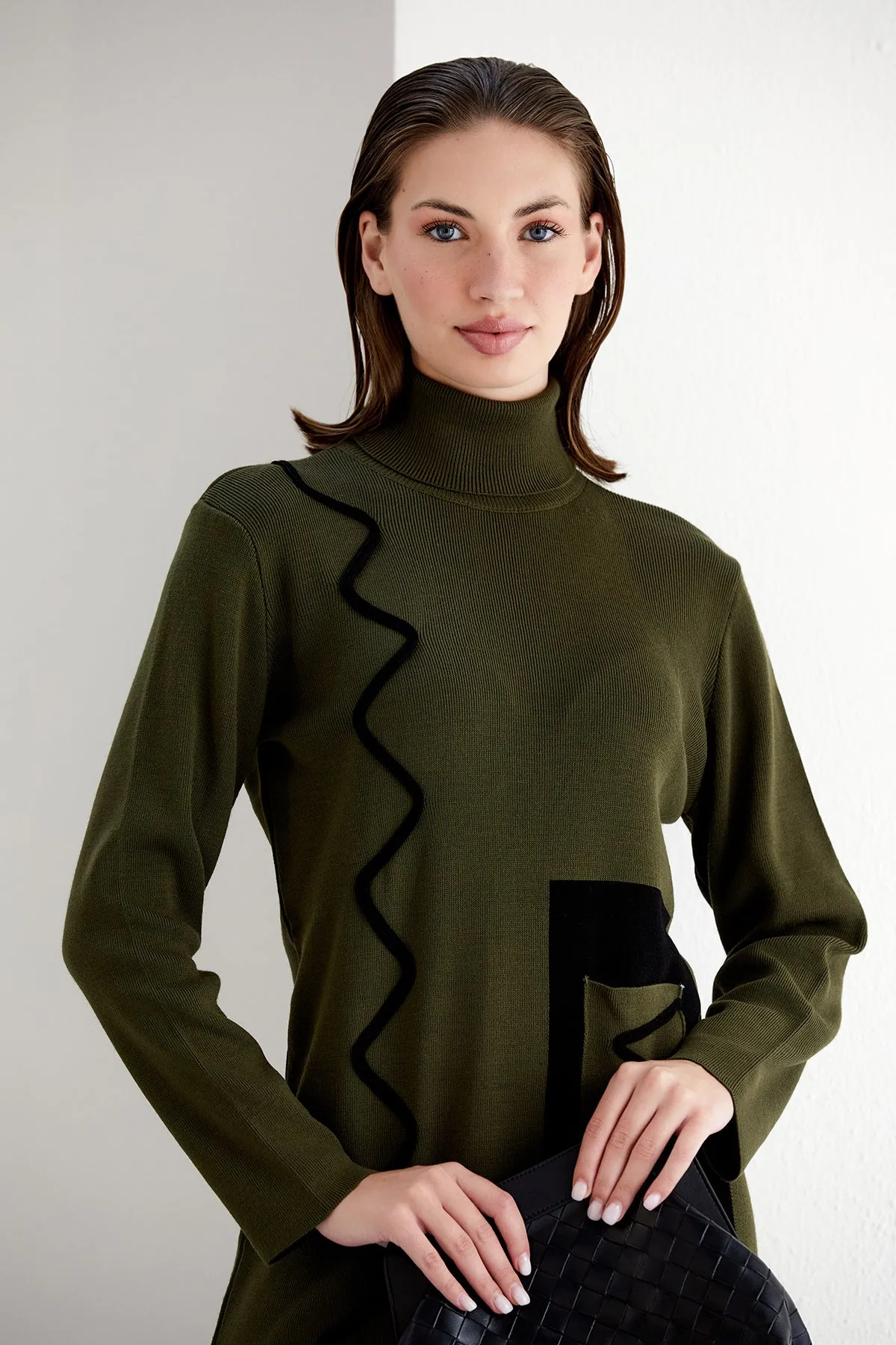 Khaki Knit Midi Dress Featuring Zigzag Accents