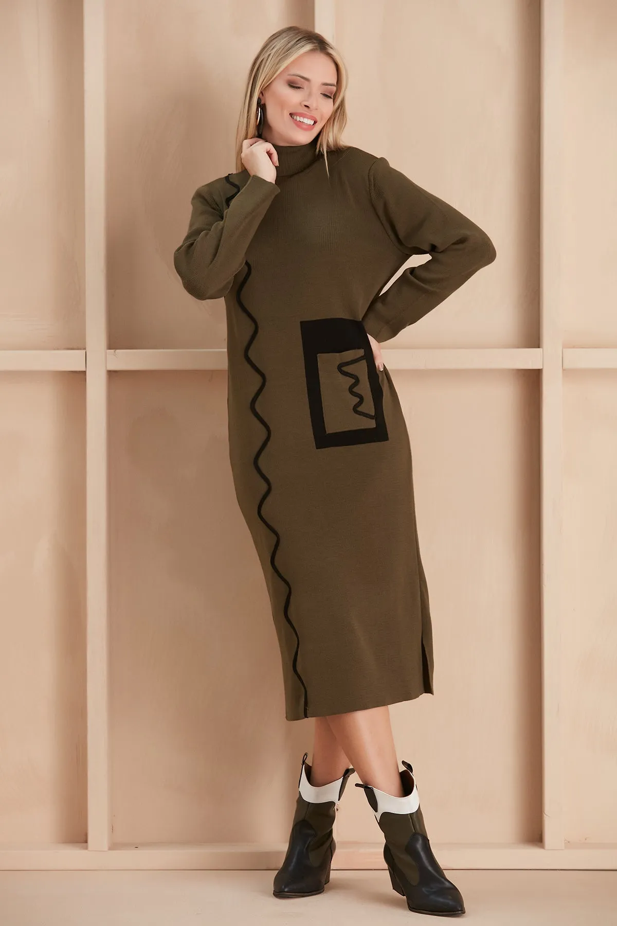 Khaki Knit Midi Dress Featuring Zigzag Accents