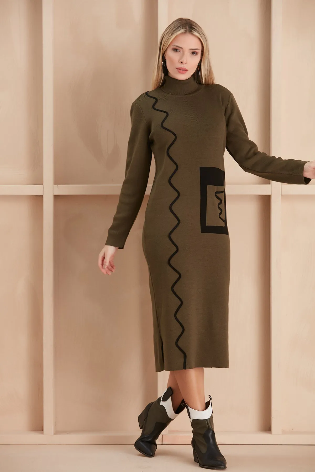 Khaki Knit Midi Dress Featuring Zigzag Accents