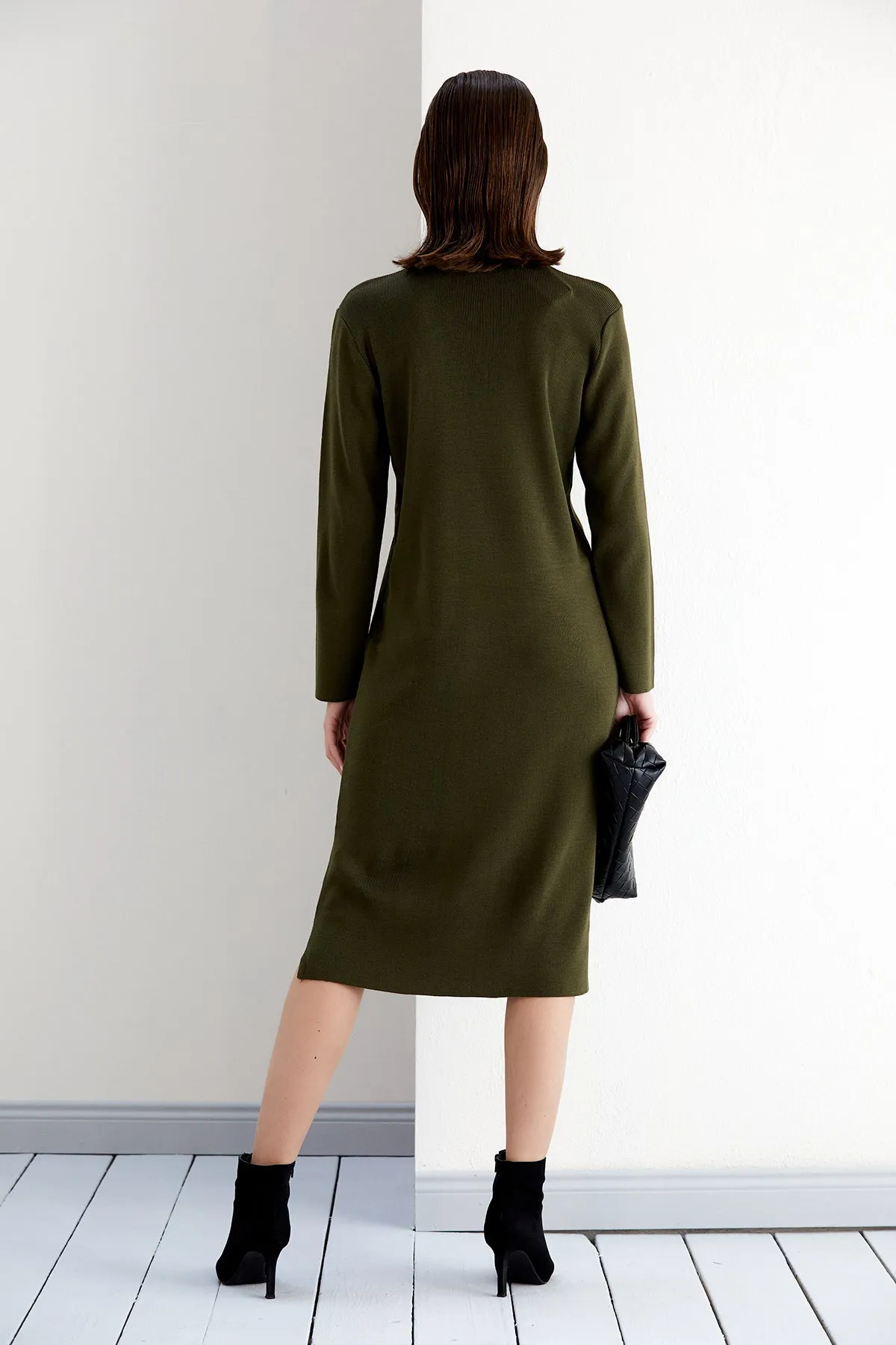 Khaki Knit Midi Dress Featuring Zigzag Accents
