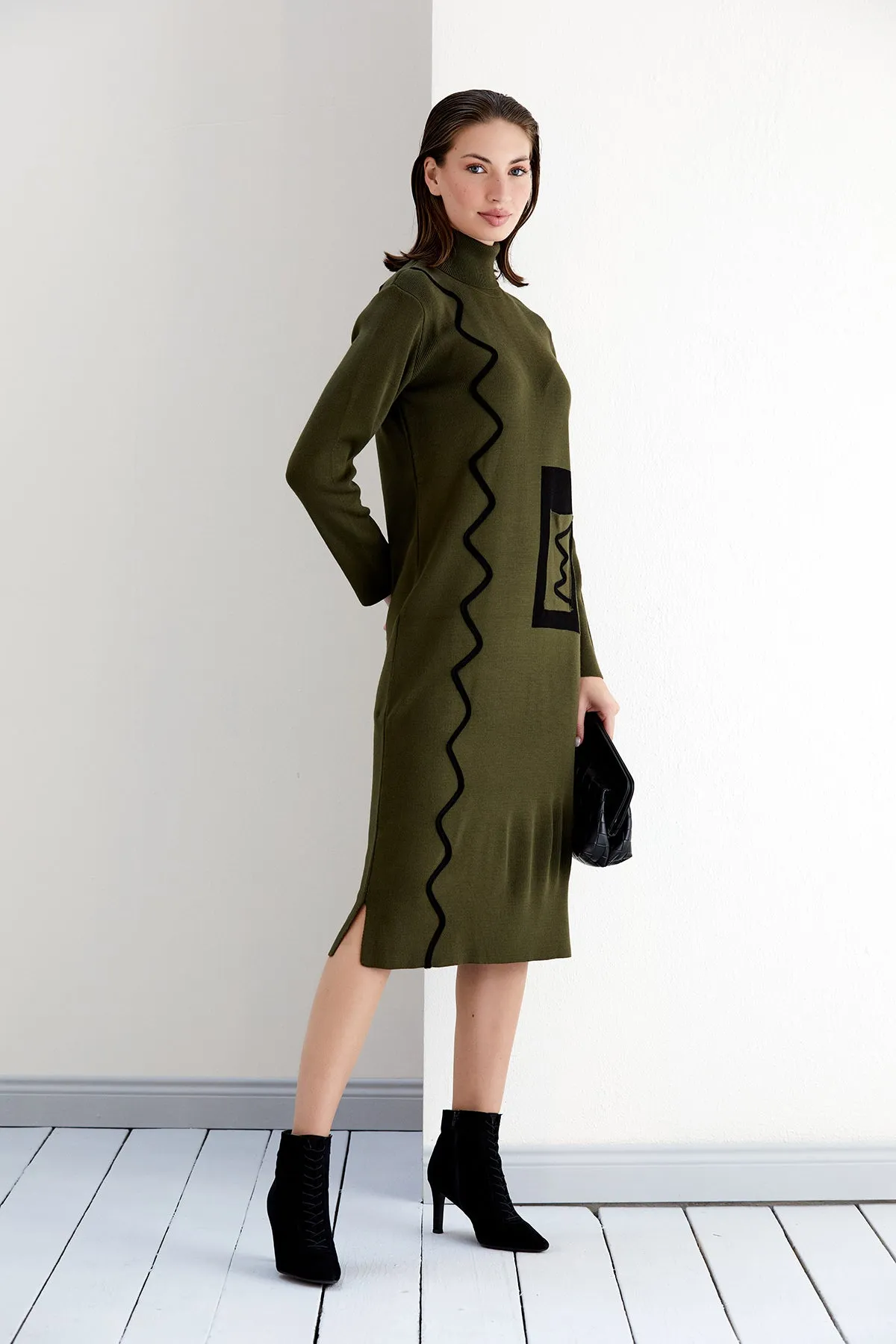Khaki Knit Midi Dress Featuring Zigzag Accents