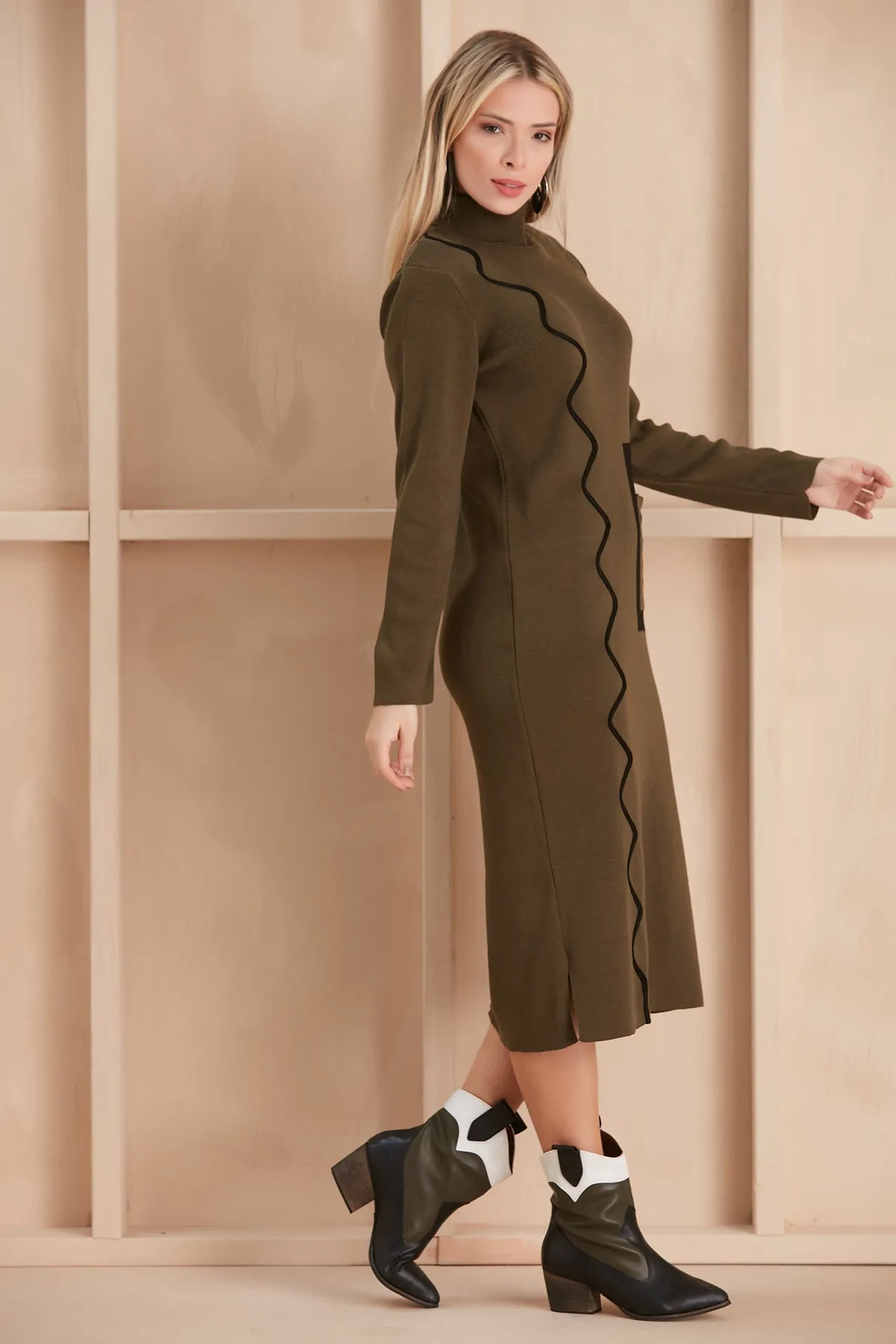 Khaki Knit Midi Dress Featuring Zigzag Accents