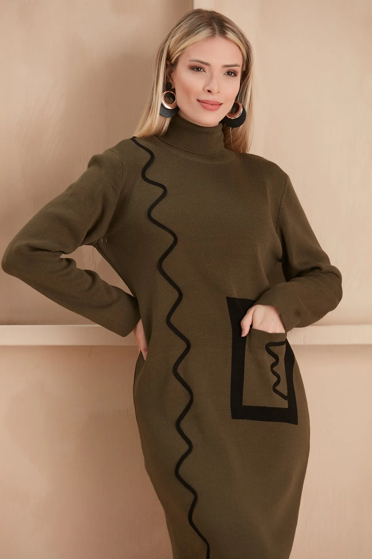 Khaki Knit Midi Dress Featuring Zigzag Accents