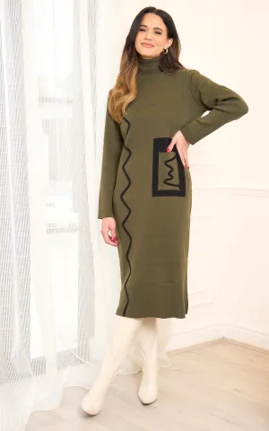 Khaki Knit Midi Dress Featuring Zigzag Accents