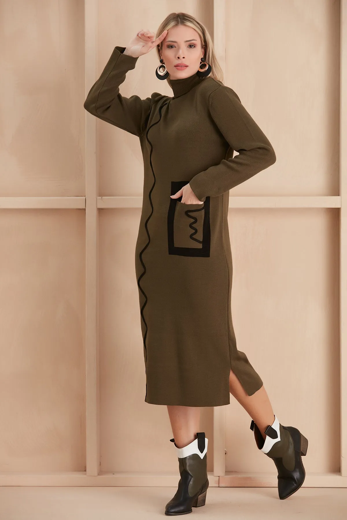Khaki Knit Midi Dress Featuring Zigzag Accents