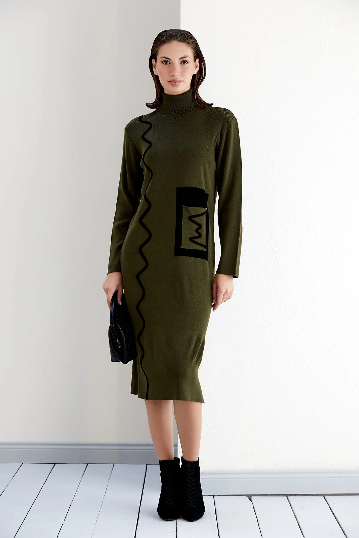 Khaki Knit Midi Dress Featuring Zigzag Accents