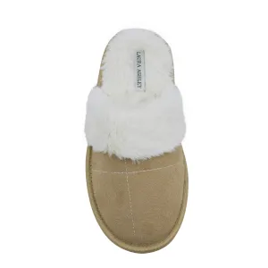 Laura Ashley Ladies Micro Suede Scuff Slipper with Plush Collar, Tan, L