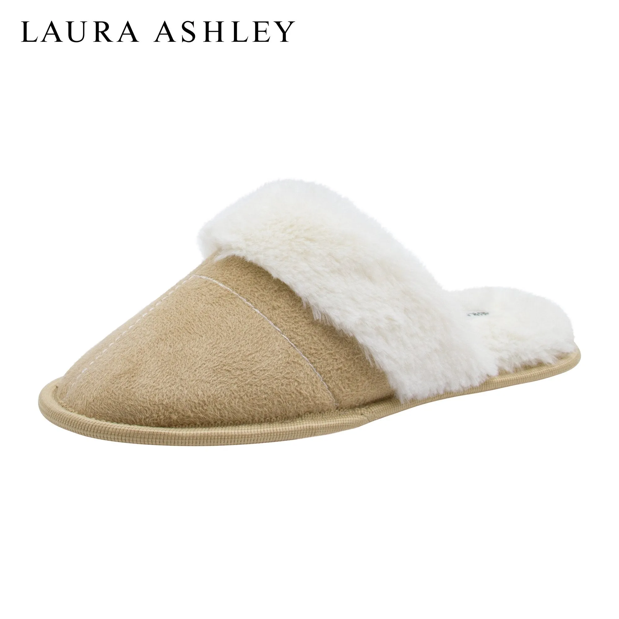 Laura Ashley Ladies Micro Suede Scuff Slipper with Plush Collar, Tan, L