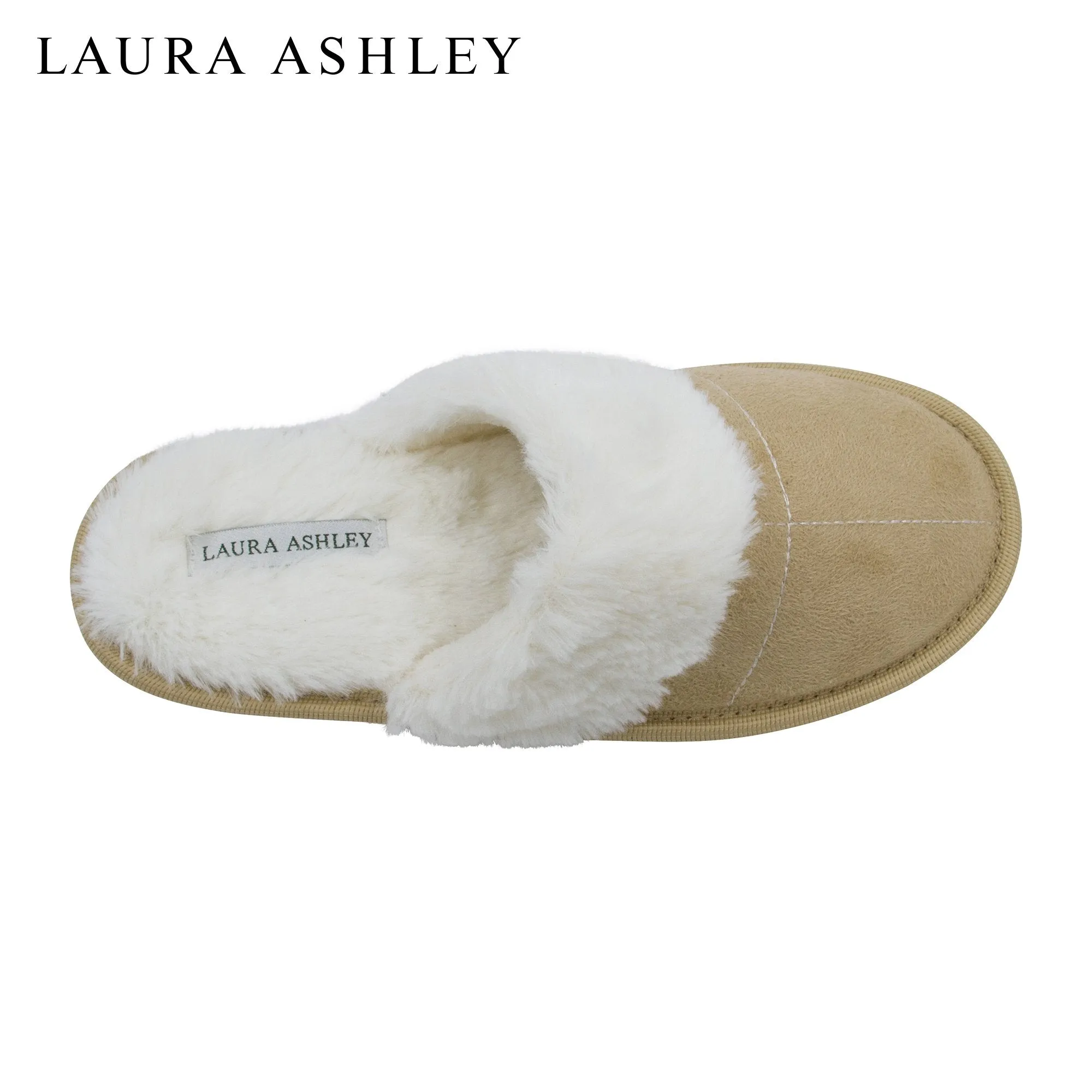 Laura Ashley Ladies Micro Suede Scuff Slipper with Plush Collar, Tan, L