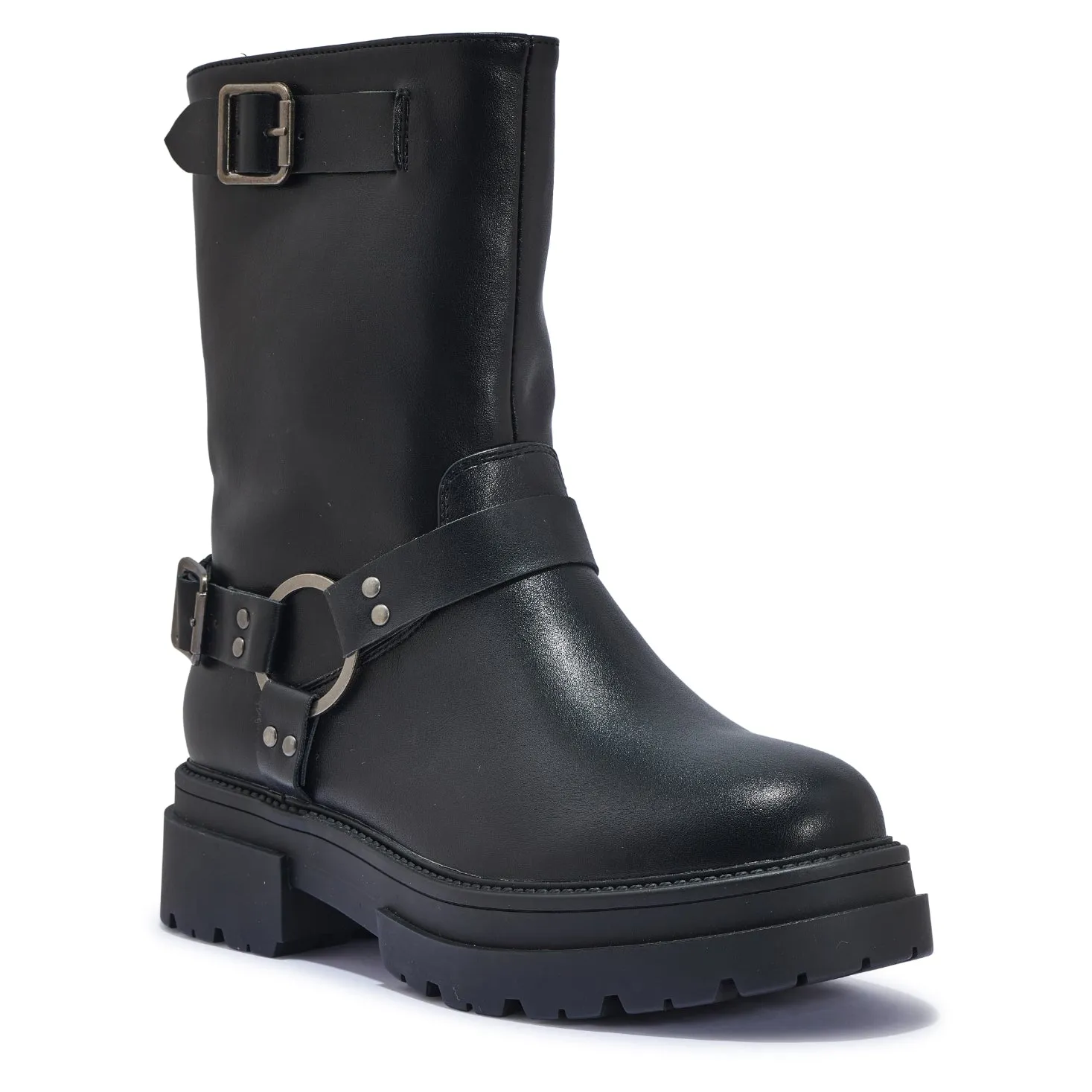 PERTH100 CLEATED MID CALF BIKER BOOT BUCKLE DETAIL