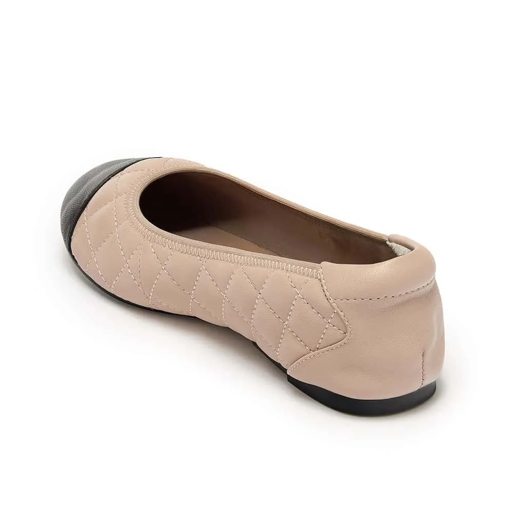 Piccadilly - Quilted Nude Ballet Flat with Black Toe Cap