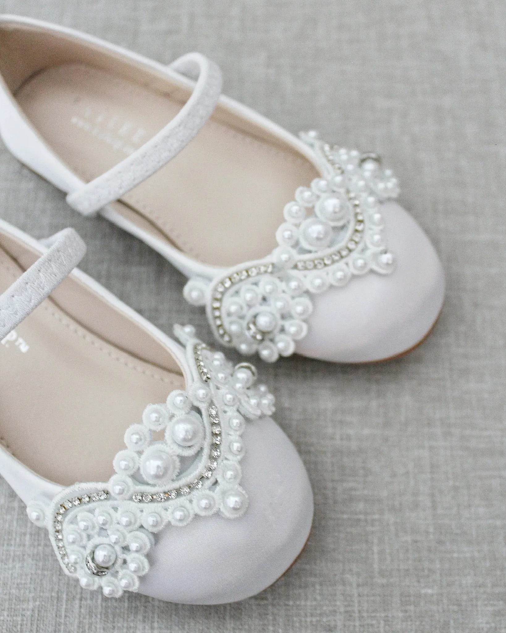 Satin Mary Jane Flats with Small Pearls Applique