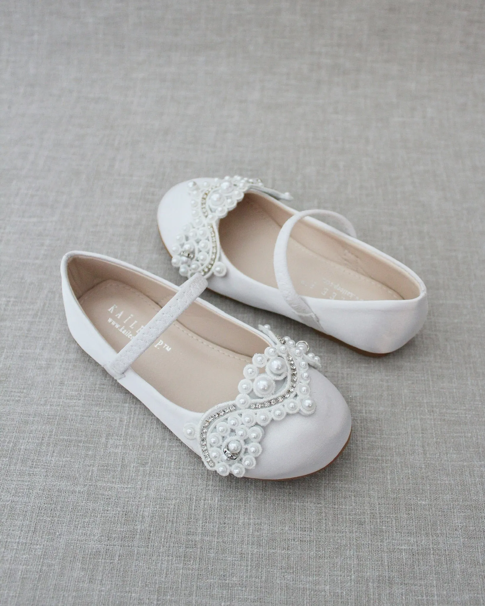 Satin Mary Jane Flats with Small Pearls Applique