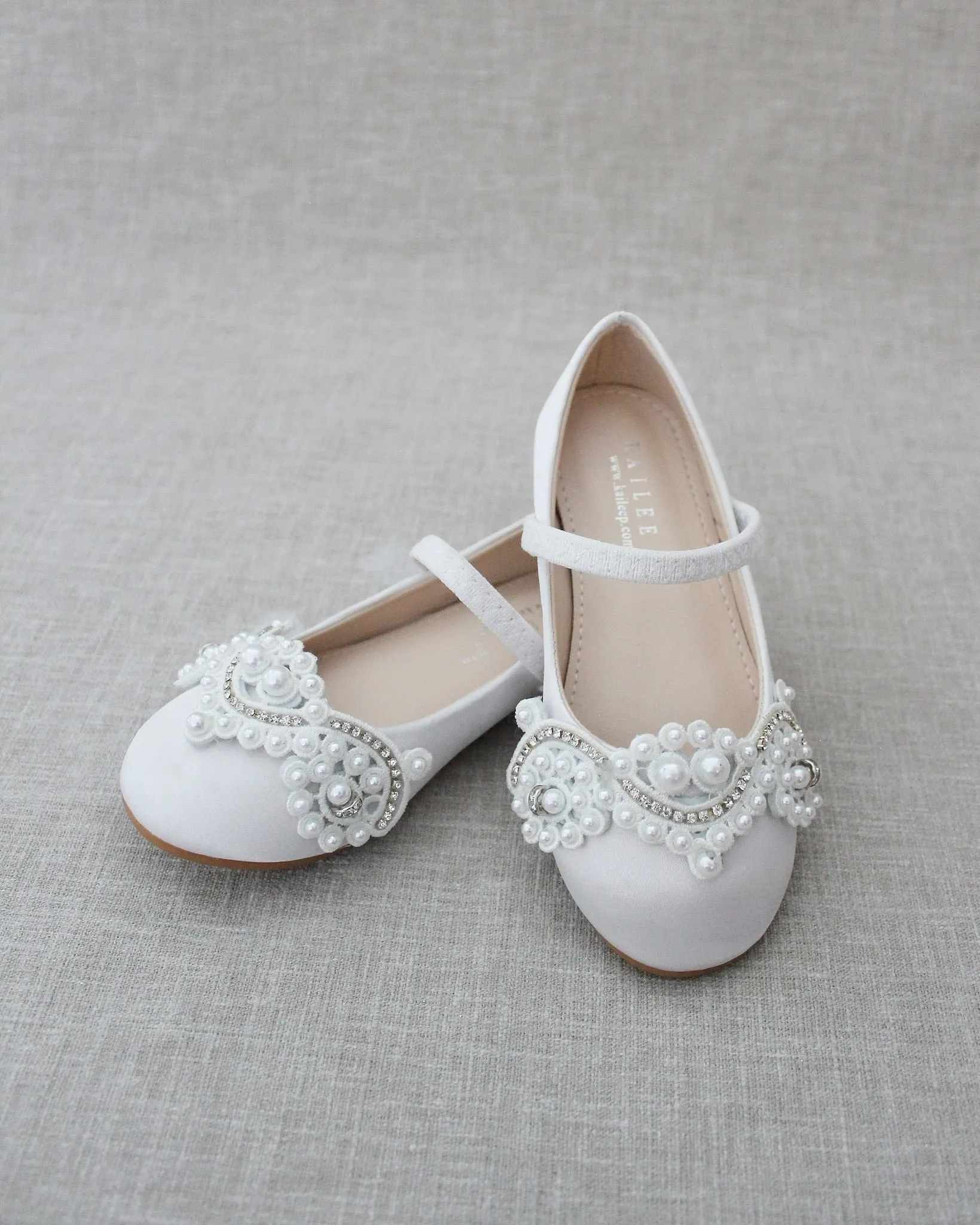 Satin Mary Jane Flats with Small Pearls Applique