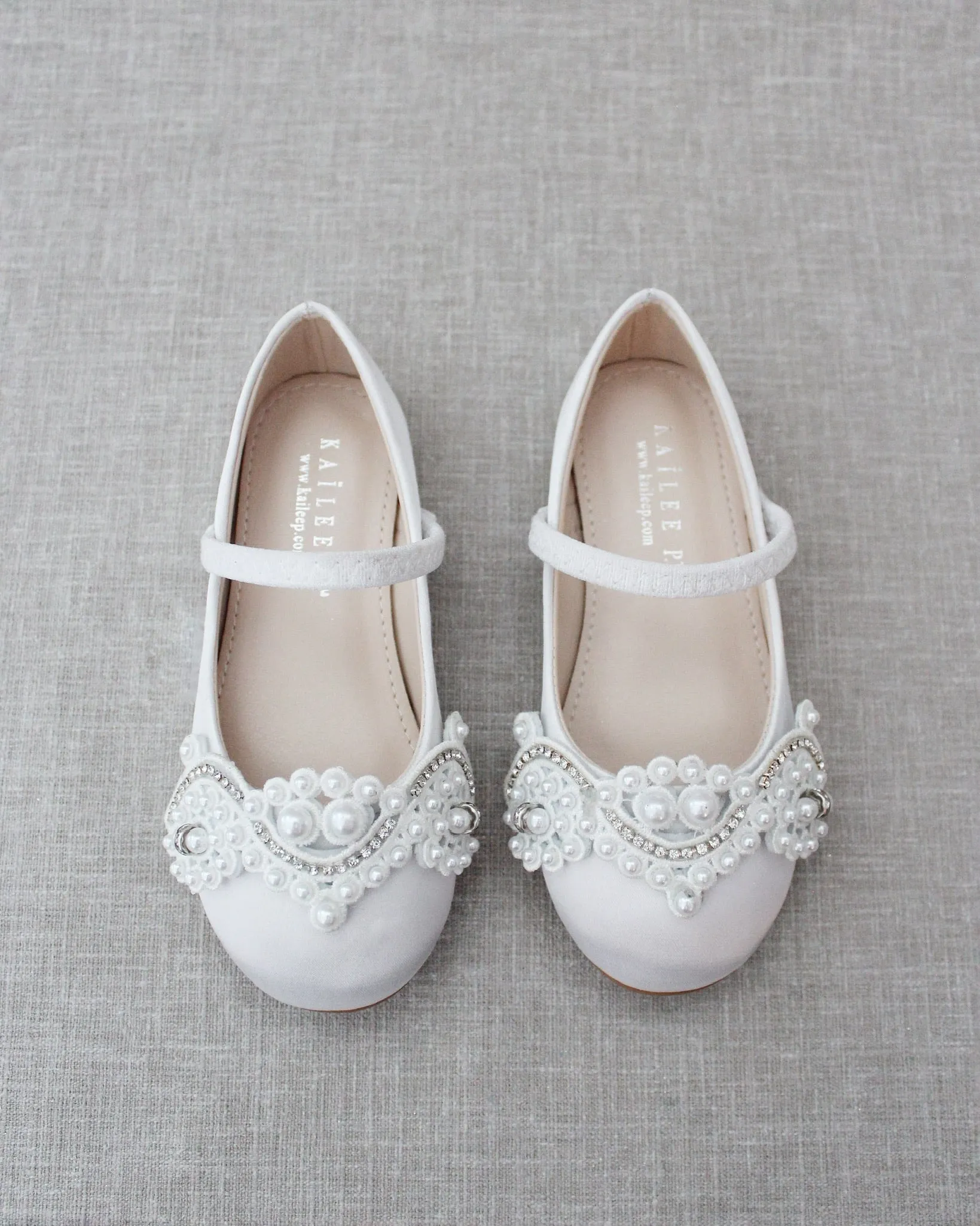 Satin Mary Jane Flats with Small Pearls Applique