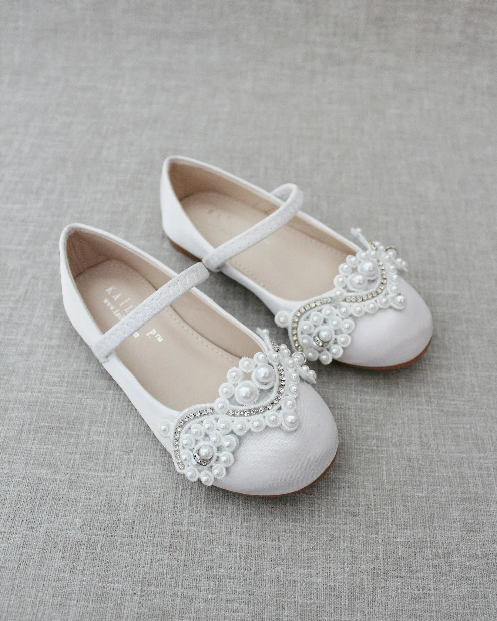 Satin Mary Jane Flats with Small Pearls Applique