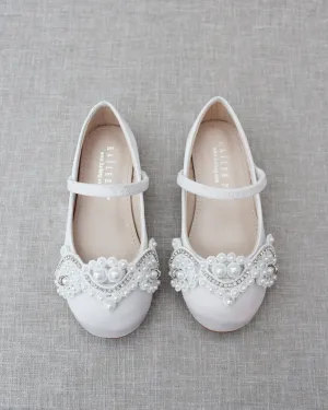 Satin Mary Jane Flats with Small Pearls Applique