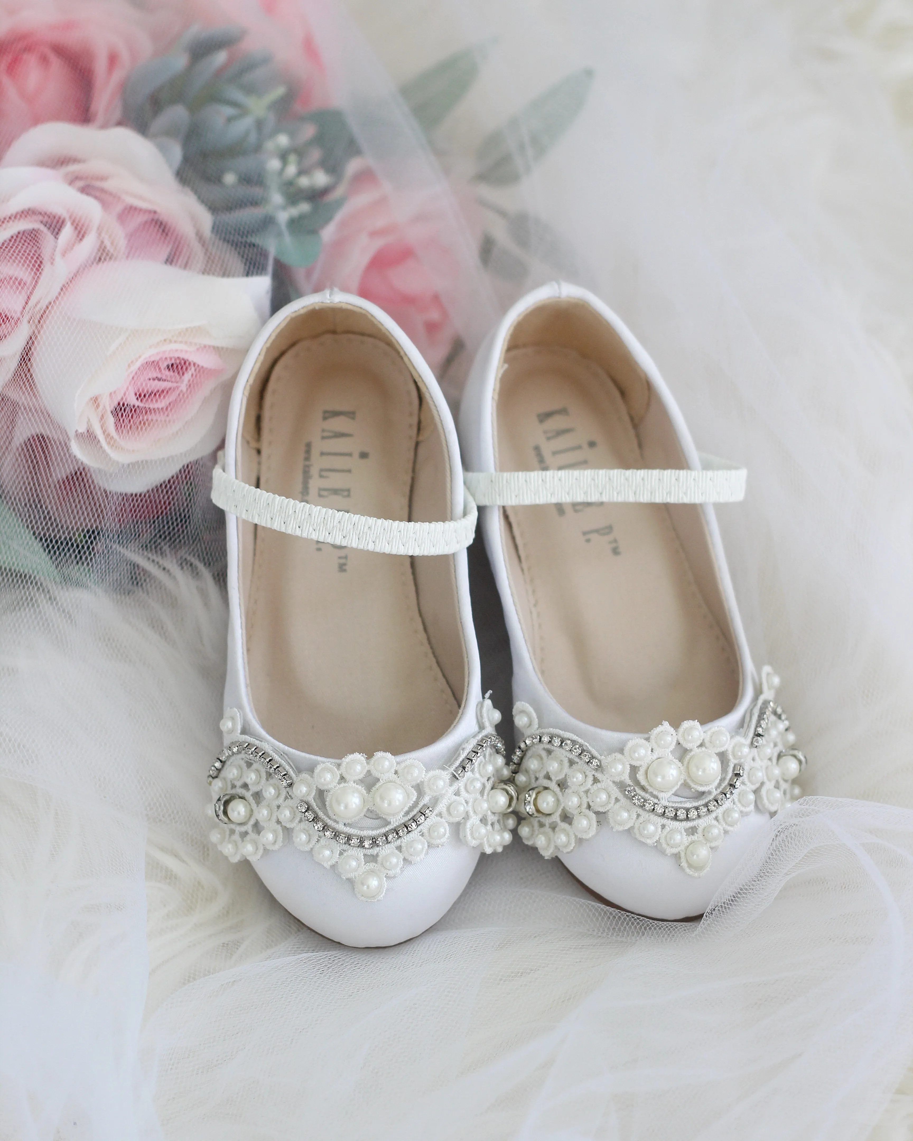 Satin Mary Jane Flats with Small Pearls Applique