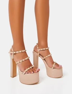Stefania Nude Patent Studded Cage Platform Round Toe Block Heels