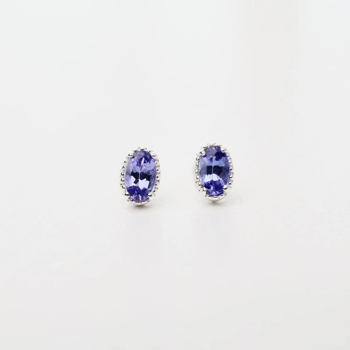 Sterling Silver Oval Tanzanite with Milgrain Edge Stud Earrings