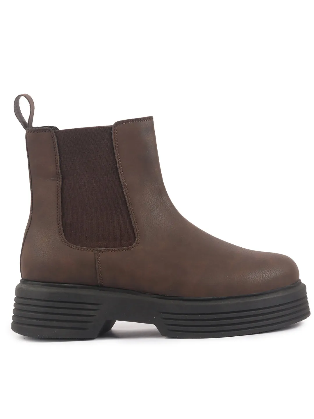 Women Brown Height Enhancer Flared Heel High Ankle Top Winter Chelsea Boots|Work Boot|Memory Cushioned Footbed