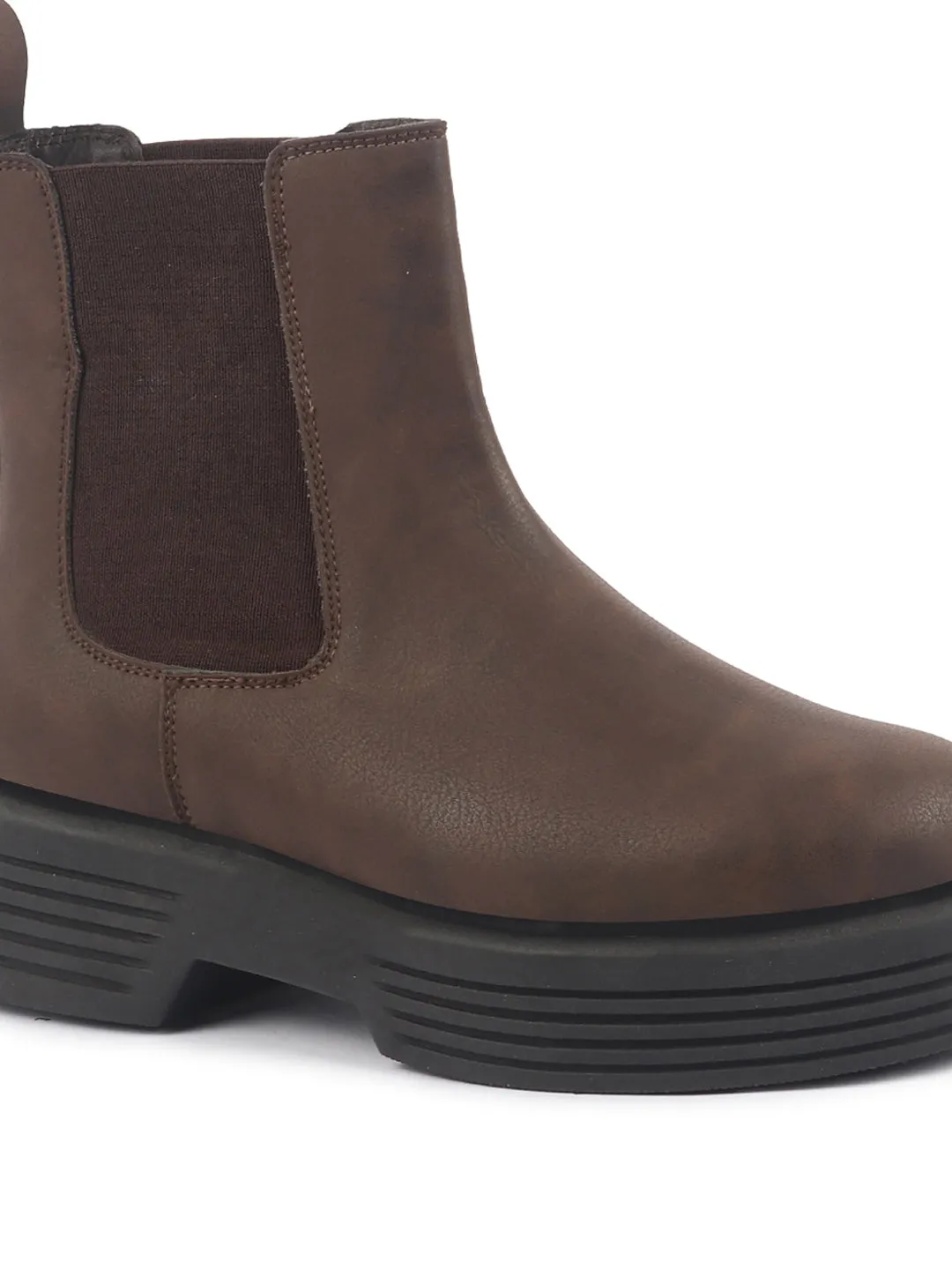 Women Brown Height Enhancer Flared Heel High Ankle Top Winter Chelsea Boots|Work Boot|Memory Cushioned Footbed