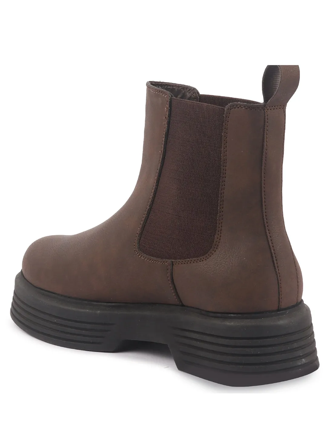 Women Brown Height Enhancer Flared Heel High Ankle Top Winter Chelsea Boots|Work Boot|Memory Cushioned Footbed