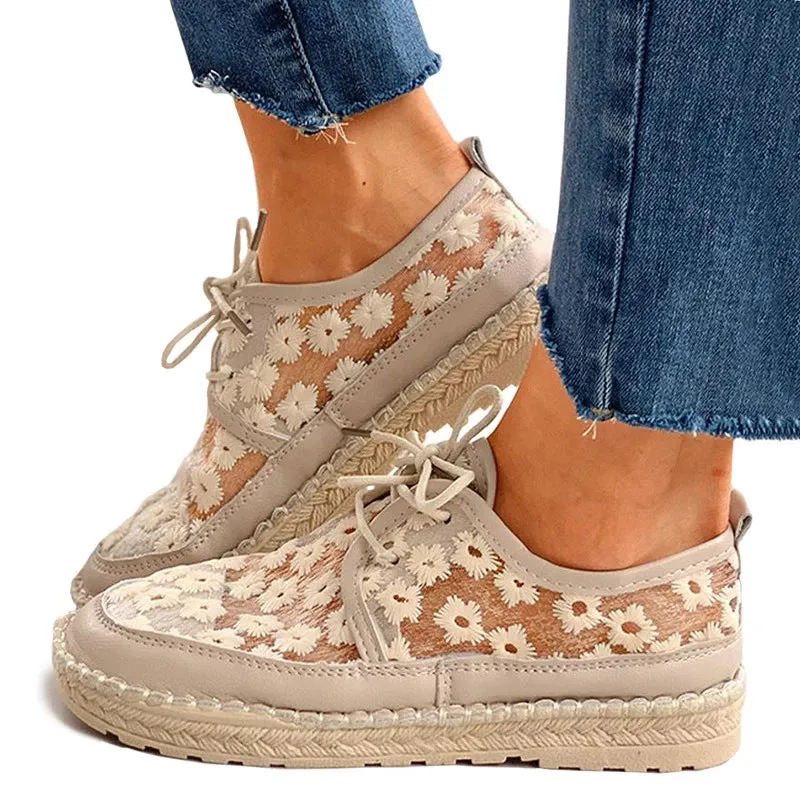 Women's flower embroidery lace mesh front lace sneakers | Chunky platform canvas shoes